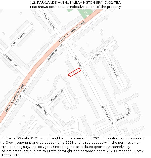 12, PARKLANDS AVENUE, LEAMINGTON SPA, CV32 7BA: Location map and indicative extent of plot