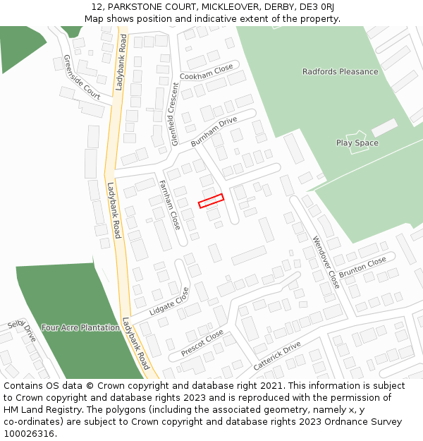 12, PARKSTONE COURT, MICKLEOVER, DERBY, DE3 0RJ: Location map and indicative extent of plot