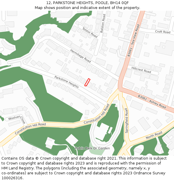 12, PARKSTONE HEIGHTS, POOLE, BH14 0QF: Location map and indicative extent of plot