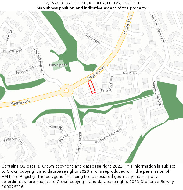 12, PARTRIDGE CLOSE, MORLEY, LEEDS, LS27 8EP: Location map and indicative extent of plot