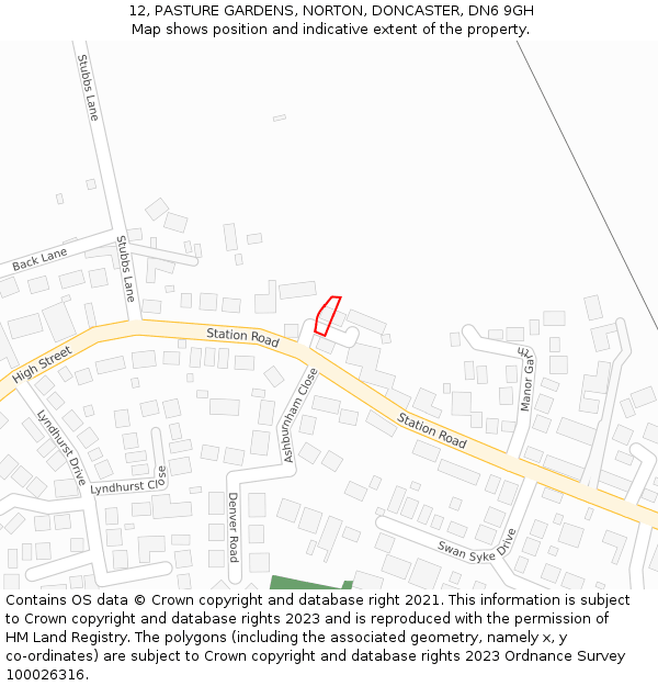 12, PASTURE GARDENS, NORTON, DONCASTER, DN6 9GH: Location map and indicative extent of plot