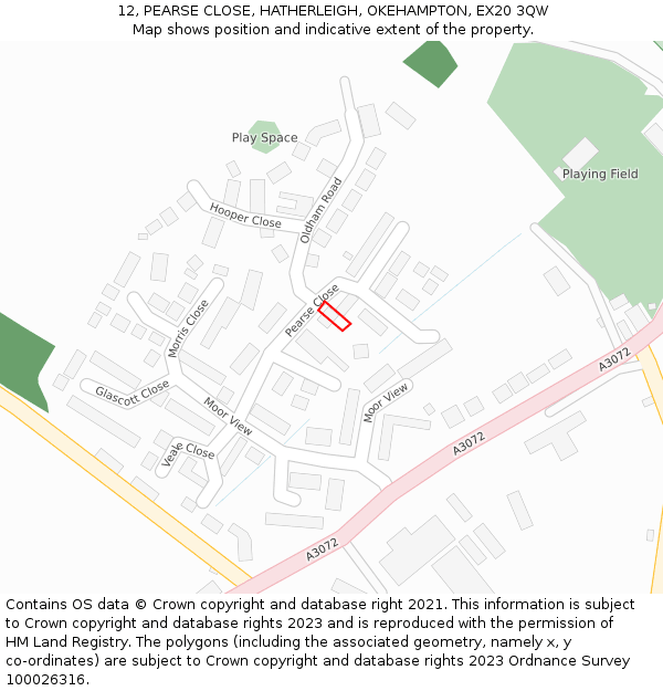 12, PEARSE CLOSE, HATHERLEIGH, OKEHAMPTON, EX20 3QW: Location map and indicative extent of plot