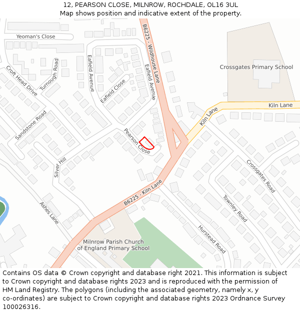 12, PEARSON CLOSE, MILNROW, ROCHDALE, OL16 3UL: Location map and indicative extent of plot