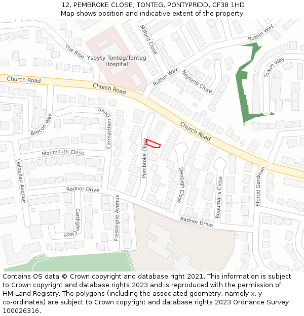 12, PEMBROKE CLOSE, TONTEG, PONTYPRIDD, CF38 1HD: Location map and indicative extent of plot