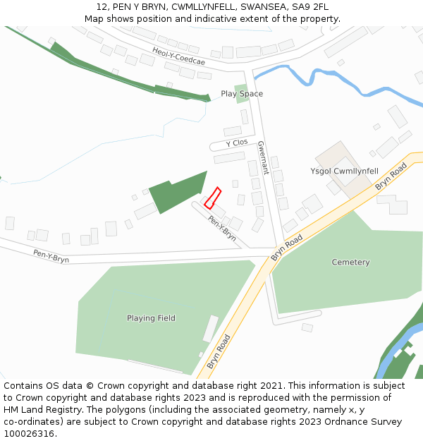 12, PEN Y BRYN, CWMLLYNFELL, SWANSEA, SA9 2FL: Location map and indicative extent of plot