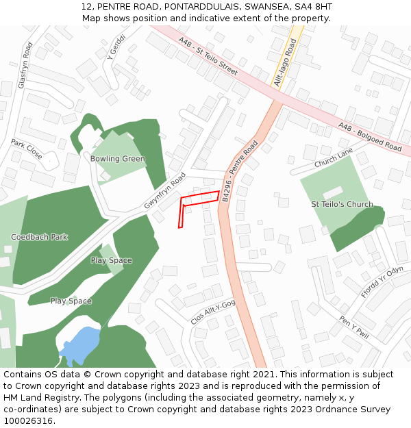 12, PENTRE ROAD, PONTARDDULAIS, SWANSEA, SA4 8HT: Location map and indicative extent of plot