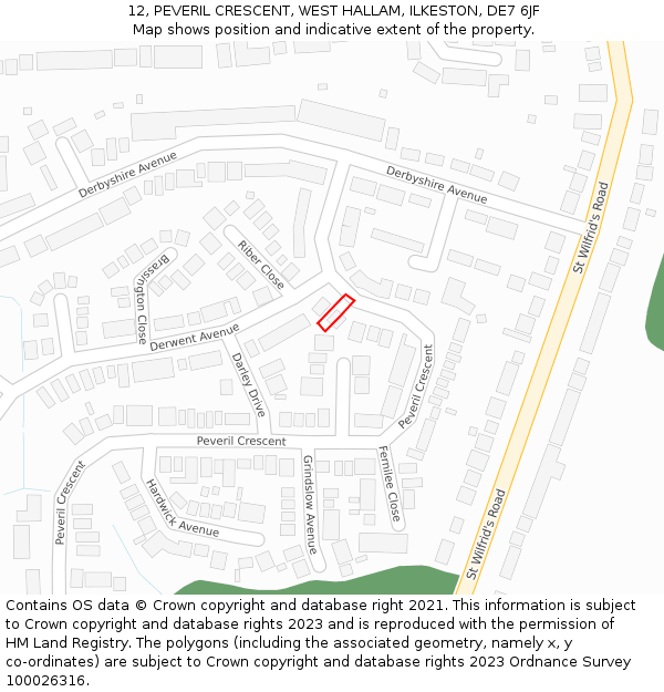 12, PEVERIL CRESCENT, WEST HALLAM, ILKESTON, DE7 6JF: Location map and indicative extent of plot