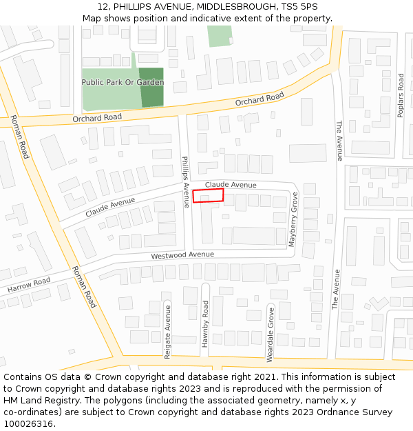 12, PHILLIPS AVENUE, MIDDLESBROUGH, TS5 5PS: Location map and indicative extent of plot