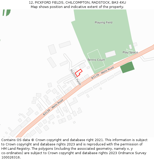 12, PICKFORD FIELDS, CHILCOMPTON, RADSTOCK, BA3 4XU: Location map and indicative extent of plot