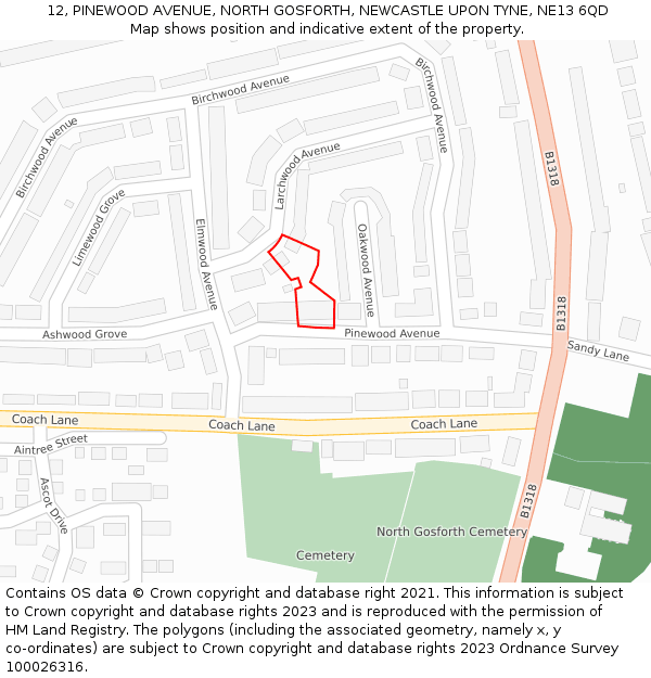 12, PINEWOOD AVENUE, NORTH GOSFORTH, NEWCASTLE UPON TYNE, NE13 6QD: Location map and indicative extent of plot