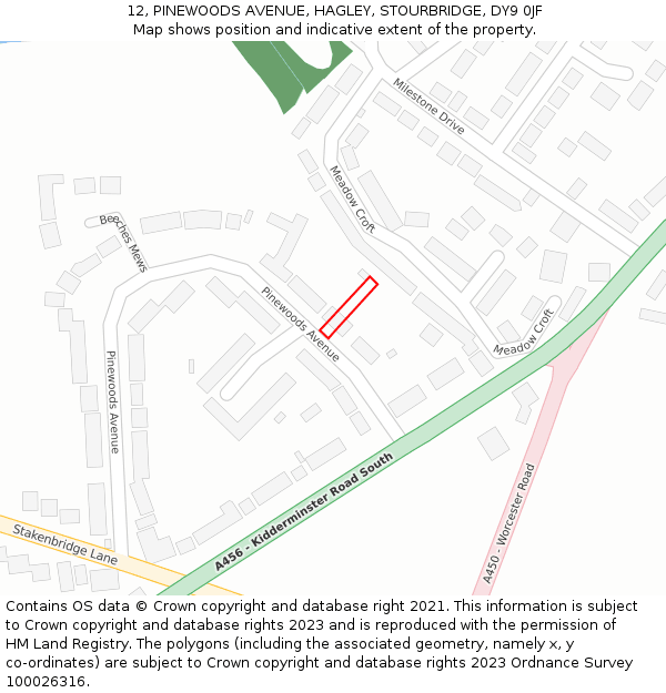 12, PINEWOODS AVENUE, HAGLEY, STOURBRIDGE, DY9 0JF: Location map and indicative extent of plot