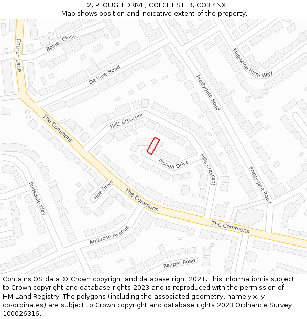 12, PLOUGH DRIVE, COLCHESTER, CO3 4NX: Location map and indicative extent of plot