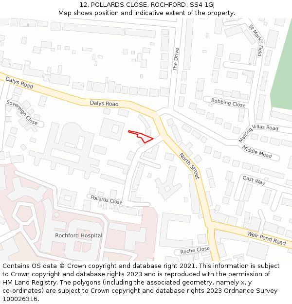 12, POLLARDS CLOSE, ROCHFORD, SS4 1GJ: Location map and indicative extent of plot