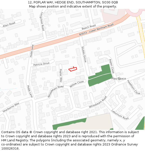 12, POPLAR WAY, HEDGE END, SOUTHAMPTON, SO30 0QB: Location map and indicative extent of plot