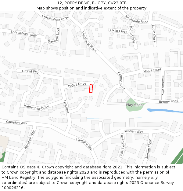 12, POPPY DRIVE, RUGBY, CV23 0TR: Location map and indicative extent of plot