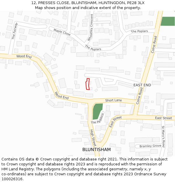 12, PRESSES CLOSE, BLUNTISHAM, HUNTINGDON, PE28 3LX: Location map and indicative extent of plot
