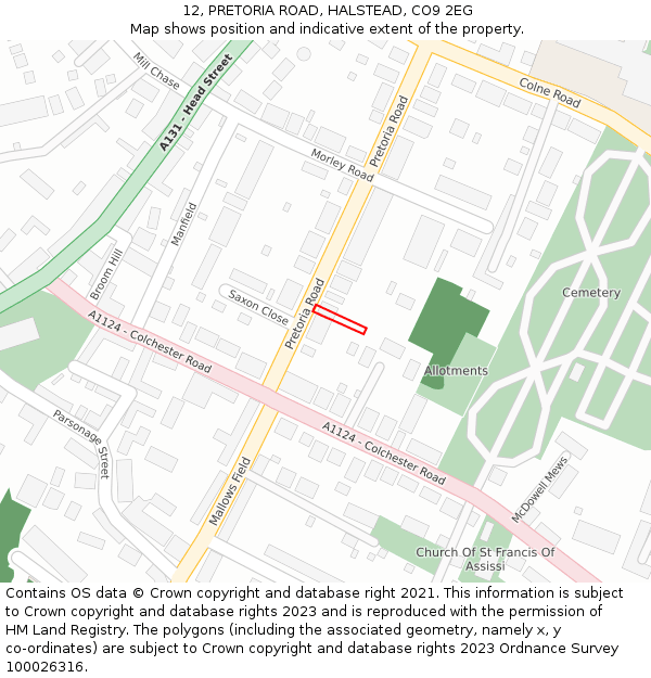 12, PRETORIA ROAD, HALSTEAD, CO9 2EG: Location map and indicative extent of plot