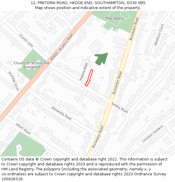 12, PRETORIA ROAD, HEDGE END, SOUTHAMPTON, SO30 0BS: Location map and indicative extent of plot