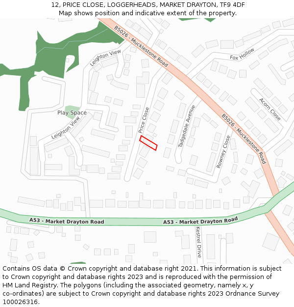 12, PRICE CLOSE, LOGGERHEADS, MARKET DRAYTON, TF9 4DF: Location map and indicative extent of plot