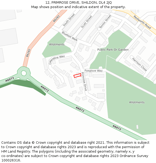 12, PRIMROSE DRIVE, SHILDON, DL4 2JQ: Location map and indicative extent of plot