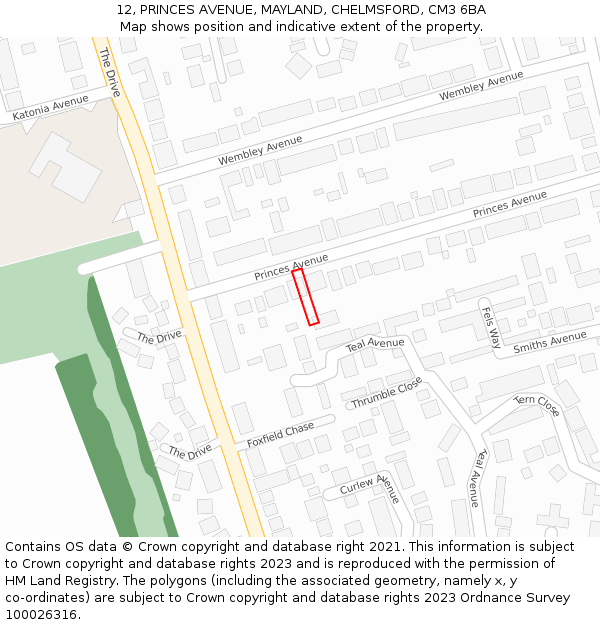 12, PRINCES AVENUE, MAYLAND, CHELMSFORD, CM3 6BA: Location map and indicative extent of plot