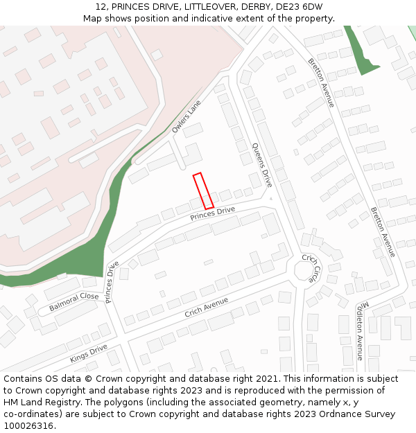 12, PRINCES DRIVE, LITTLEOVER, DERBY, DE23 6DW: Location map and indicative extent of plot
