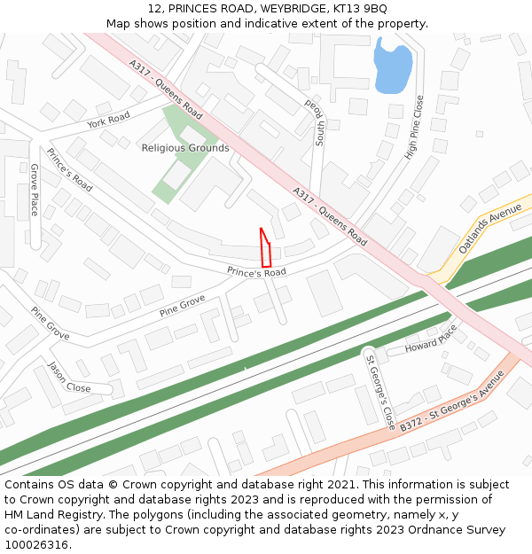 12, PRINCES ROAD, WEYBRIDGE, KT13 9BQ: Location map and indicative extent of plot