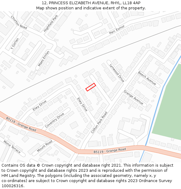 12, PRINCESS ELIZABETH AVENUE, RHYL, LL18 4AP: Location map and indicative extent of plot