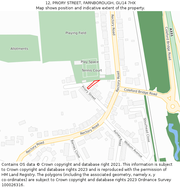 12, PRIORY STREET, FARNBOROUGH, GU14 7HX: Location map and indicative extent of plot