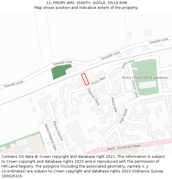 12, PRIORY WAY, SNAITH, GOOLE, DN14 9HB: Location map and indicative extent of plot