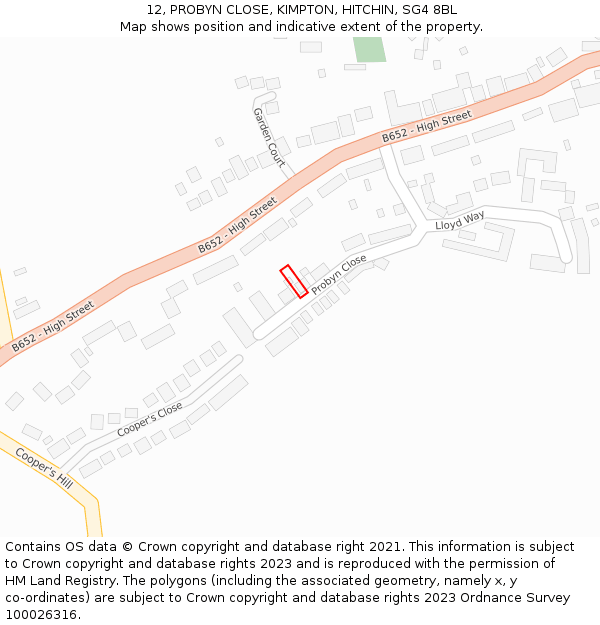 12, PROBYN CLOSE, KIMPTON, HITCHIN, SG4 8BL: Location map and indicative extent of plot