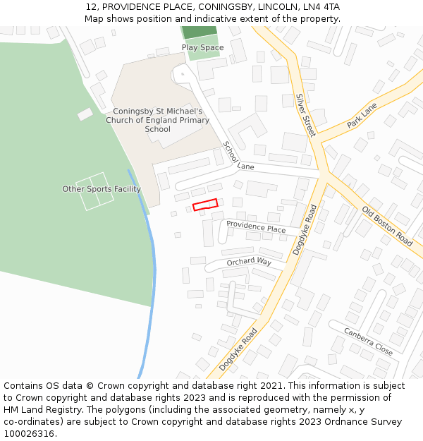 12, PROVIDENCE PLACE, CONINGSBY, LINCOLN, LN4 4TA: Location map and indicative extent of plot