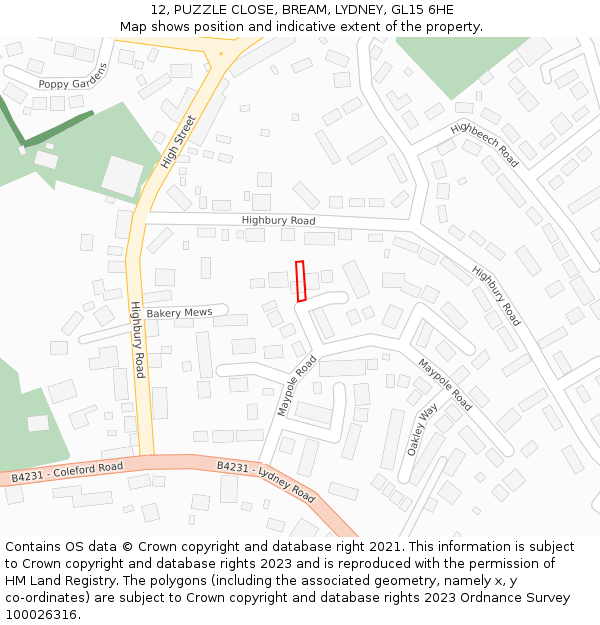 12, PUZZLE CLOSE, BREAM, LYDNEY, GL15 6HE: Location map and indicative extent of plot