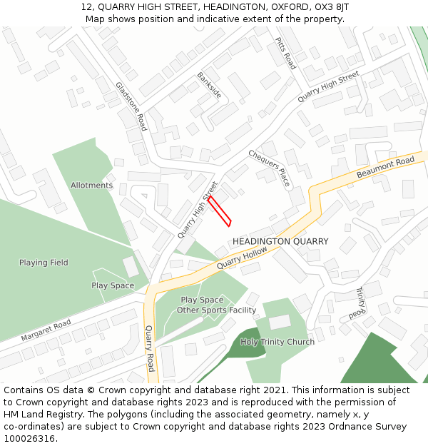 12, QUARRY HIGH STREET, HEADINGTON, OXFORD, OX3 8JT: Location map and indicative extent of plot