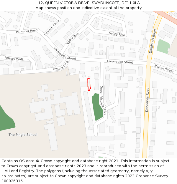 12, QUEEN VICTORIA DRIVE, SWADLINCOTE, DE11 0LA: Location map and indicative extent of plot