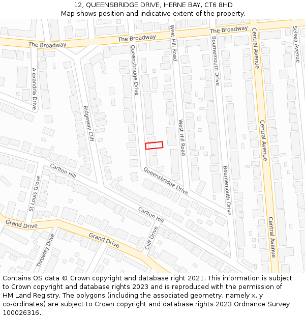 12, QUEENSBRIDGE DRIVE, HERNE BAY, CT6 8HD: Location map and indicative extent of plot