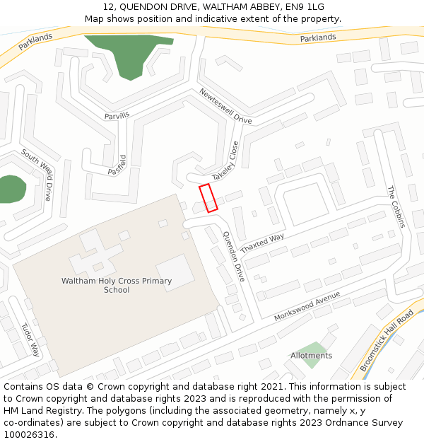 12, QUENDON DRIVE, WALTHAM ABBEY, EN9 1LG: Location map and indicative extent of plot