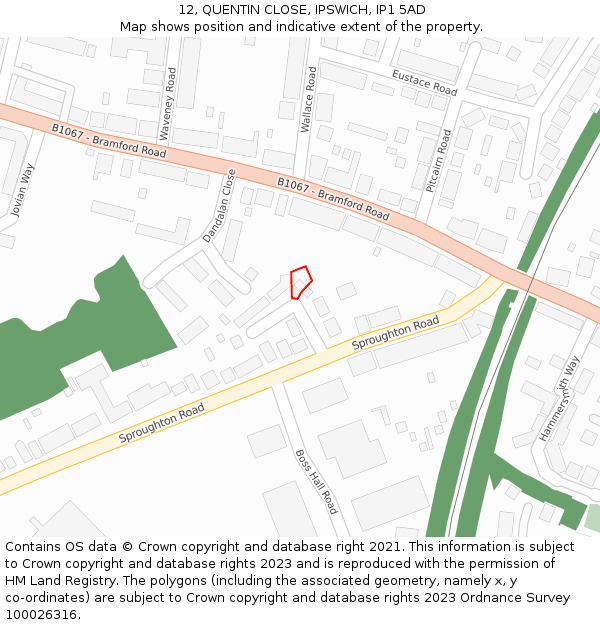 12, QUENTIN CLOSE, IPSWICH, IP1 5AD: Location map and indicative extent of plot