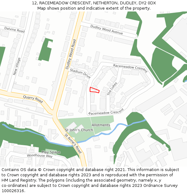 12, RACEMEADOW CRESCENT, NETHERTON, DUDLEY, DY2 0DX: Location map and indicative extent of plot