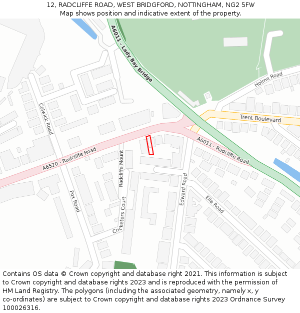 12, RADCLIFFE ROAD, WEST BRIDGFORD, NOTTINGHAM, NG2 5FW: Location map and indicative extent of plot