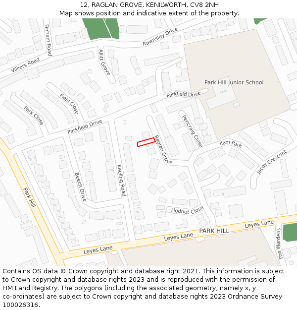 12, RAGLAN GROVE, KENILWORTH, CV8 2NH: Location map and indicative extent of plot