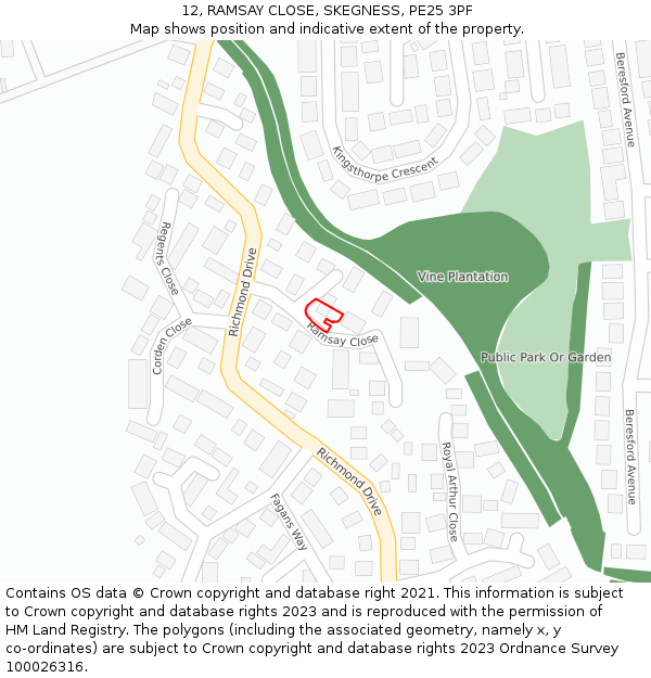 12, RAMSAY CLOSE, SKEGNESS, PE25 3PF: Location map and indicative extent of plot