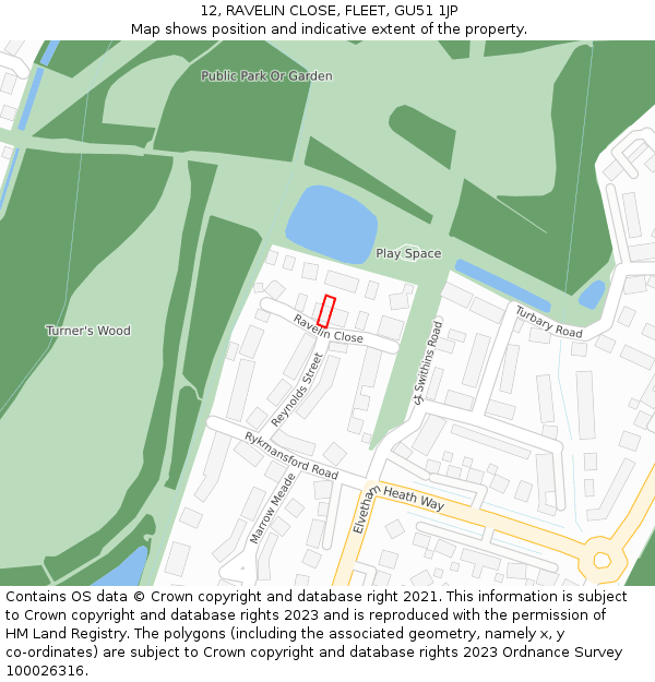 12, RAVELIN CLOSE, FLEET, GU51 1JP: Location map and indicative extent of plot