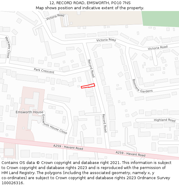 12, RECORD ROAD, EMSWORTH, PO10 7NS: Location map and indicative extent of plot