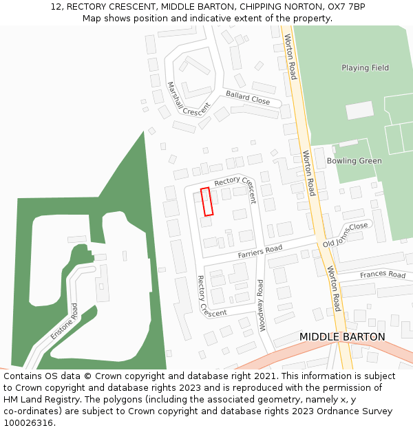 12, RECTORY CRESCENT, MIDDLE BARTON, CHIPPING NORTON, OX7 7BP: Location map and indicative extent of plot