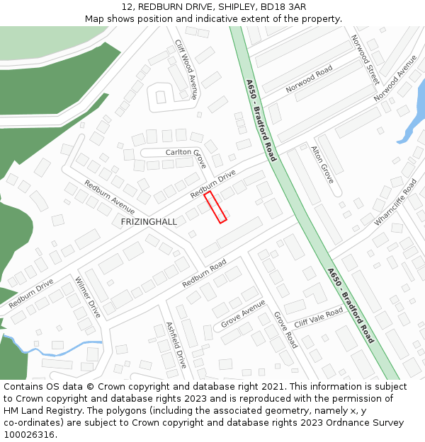 12, REDBURN DRIVE, SHIPLEY, BD18 3AR: Location map and indicative extent of plot