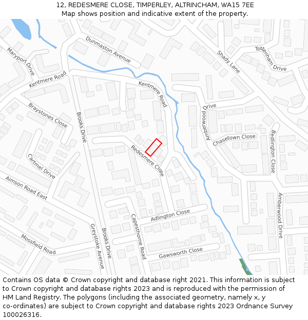 12, REDESMERE CLOSE, TIMPERLEY, ALTRINCHAM, WA15 7EE: Location map and indicative extent of plot