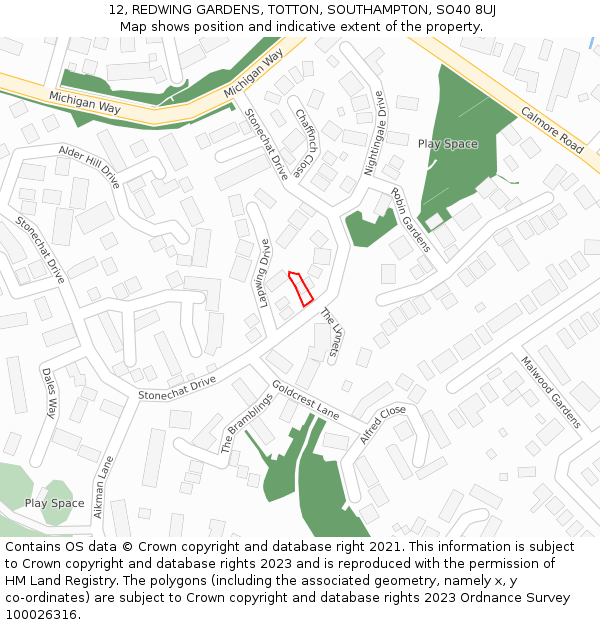 12, REDWING GARDENS, TOTTON, SOUTHAMPTON, SO40 8UJ: Location map and indicative extent of plot