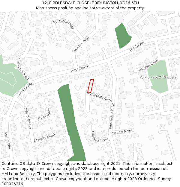 12, RIBBLESDALE CLOSE, BRIDLINGTON, YO16 6FH: Location map and indicative extent of plot