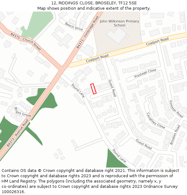 12, RIDDINGS CLOSE, BROSELEY, TF12 5SE: Location map and indicative extent of plot